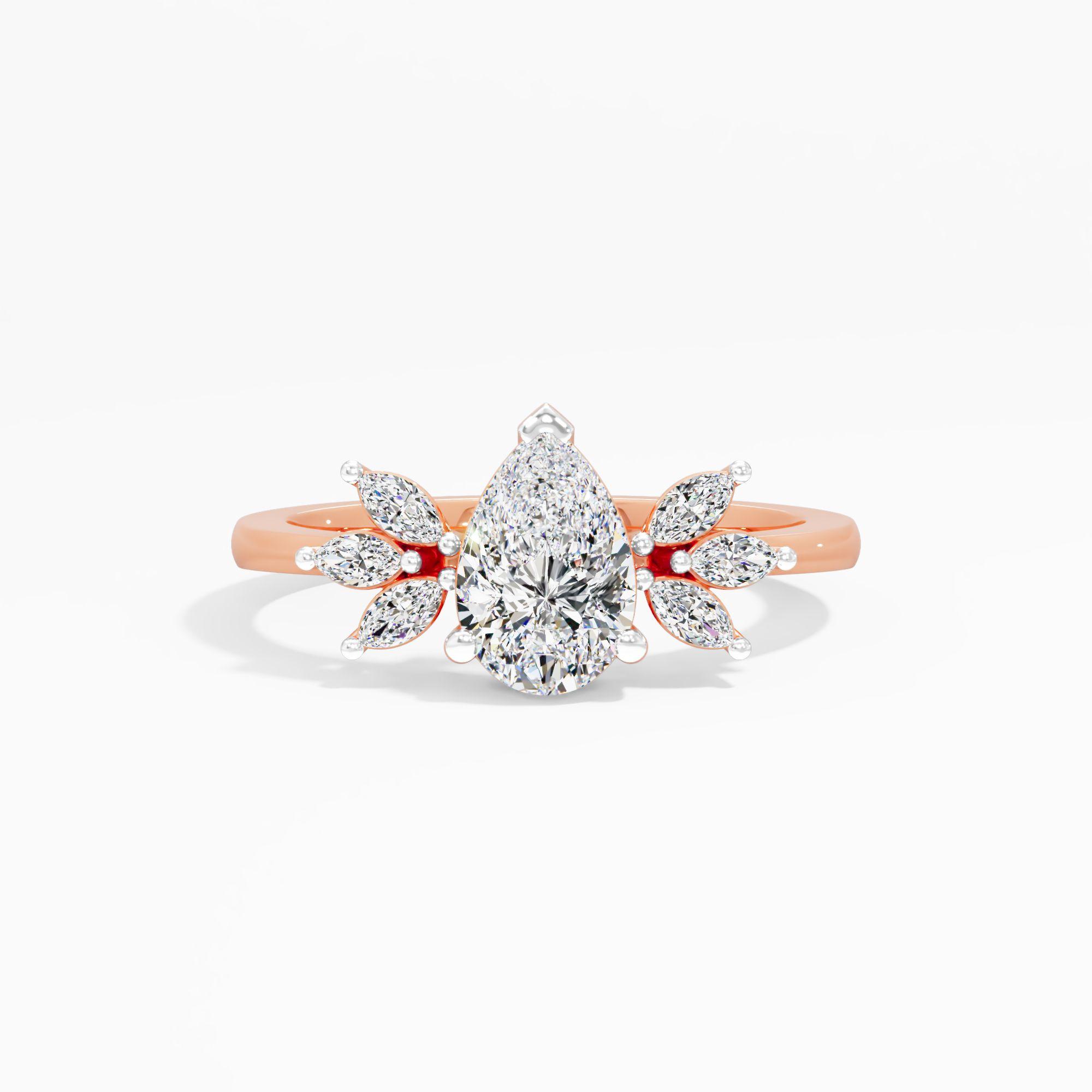 Pear Solitaire Leaf Cluster Ring