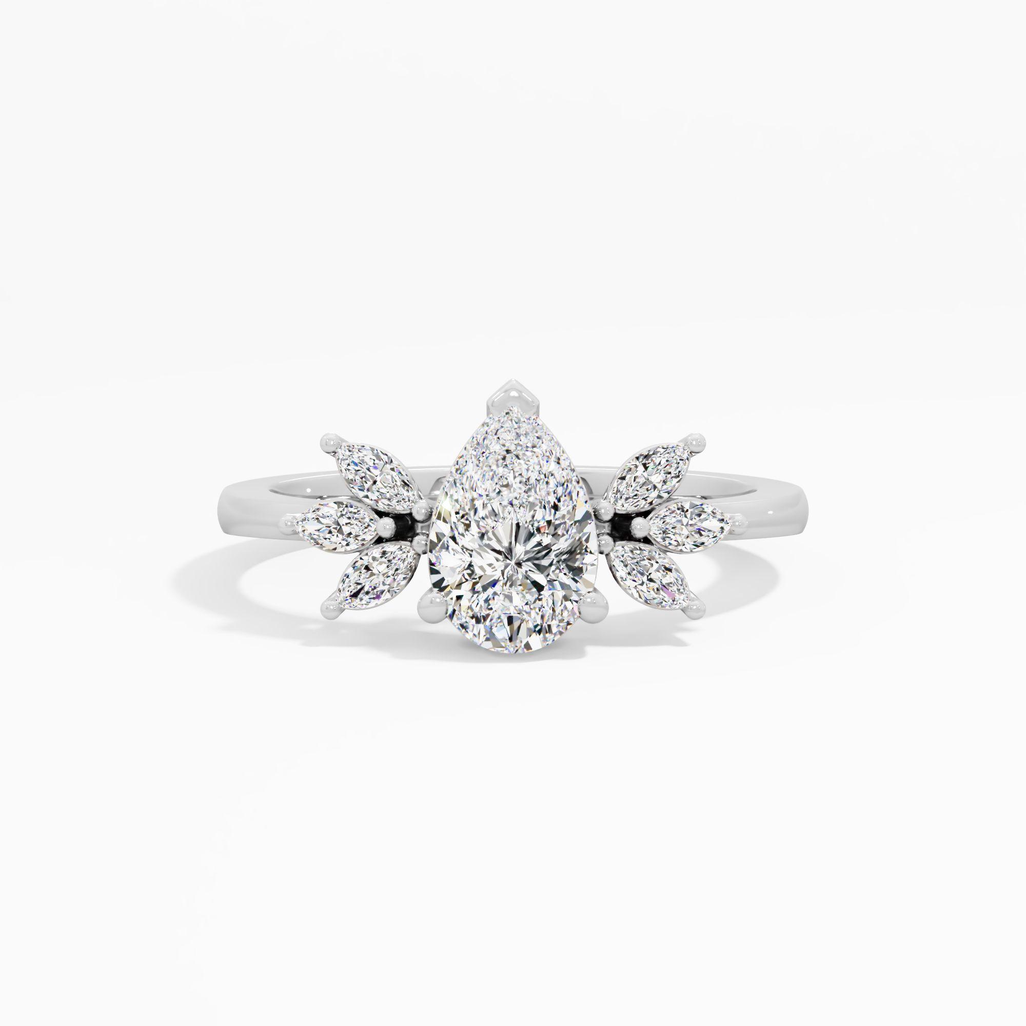 Pear Solitaire Leaf Cluster Ring