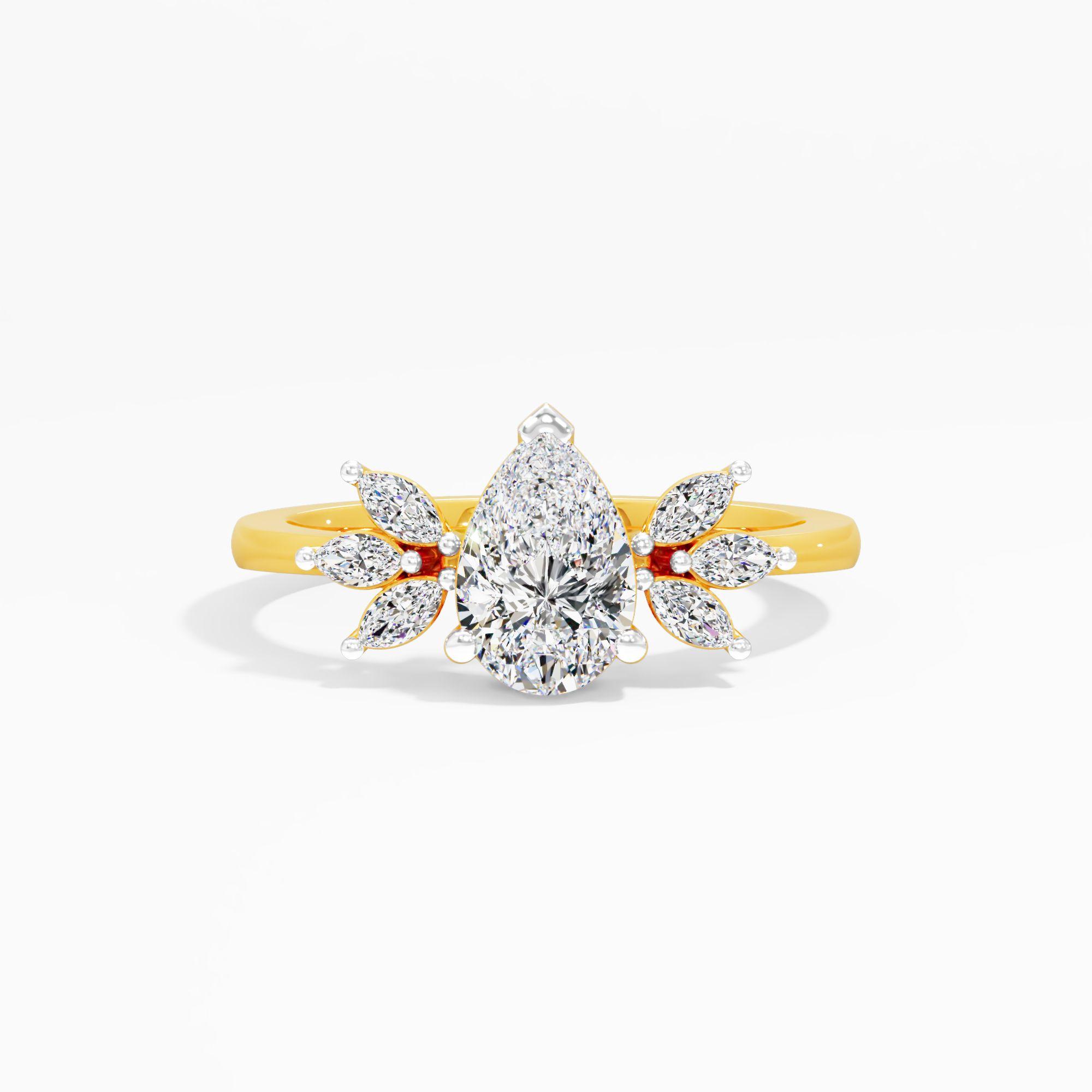 Pear Solitaire Leaf Cluster Ring